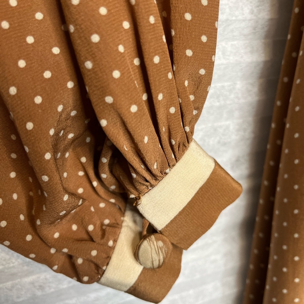 Vintage 70’s Ted Lapidus Paris Silk Maxi Dress Brown Beige Polka Dots Size 4 - Picture 8 of 15